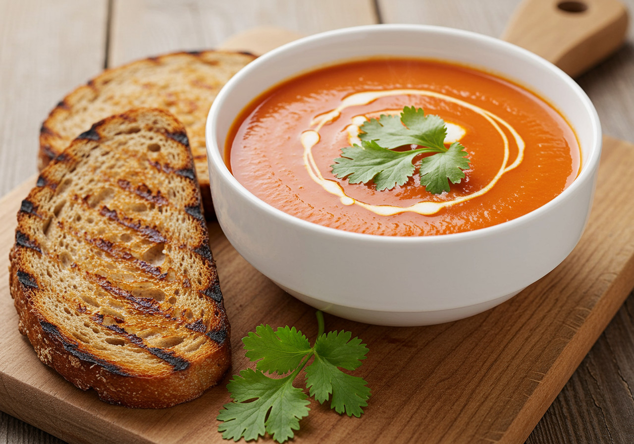 Creamy Tomato Soup with Grilled Rye Bread