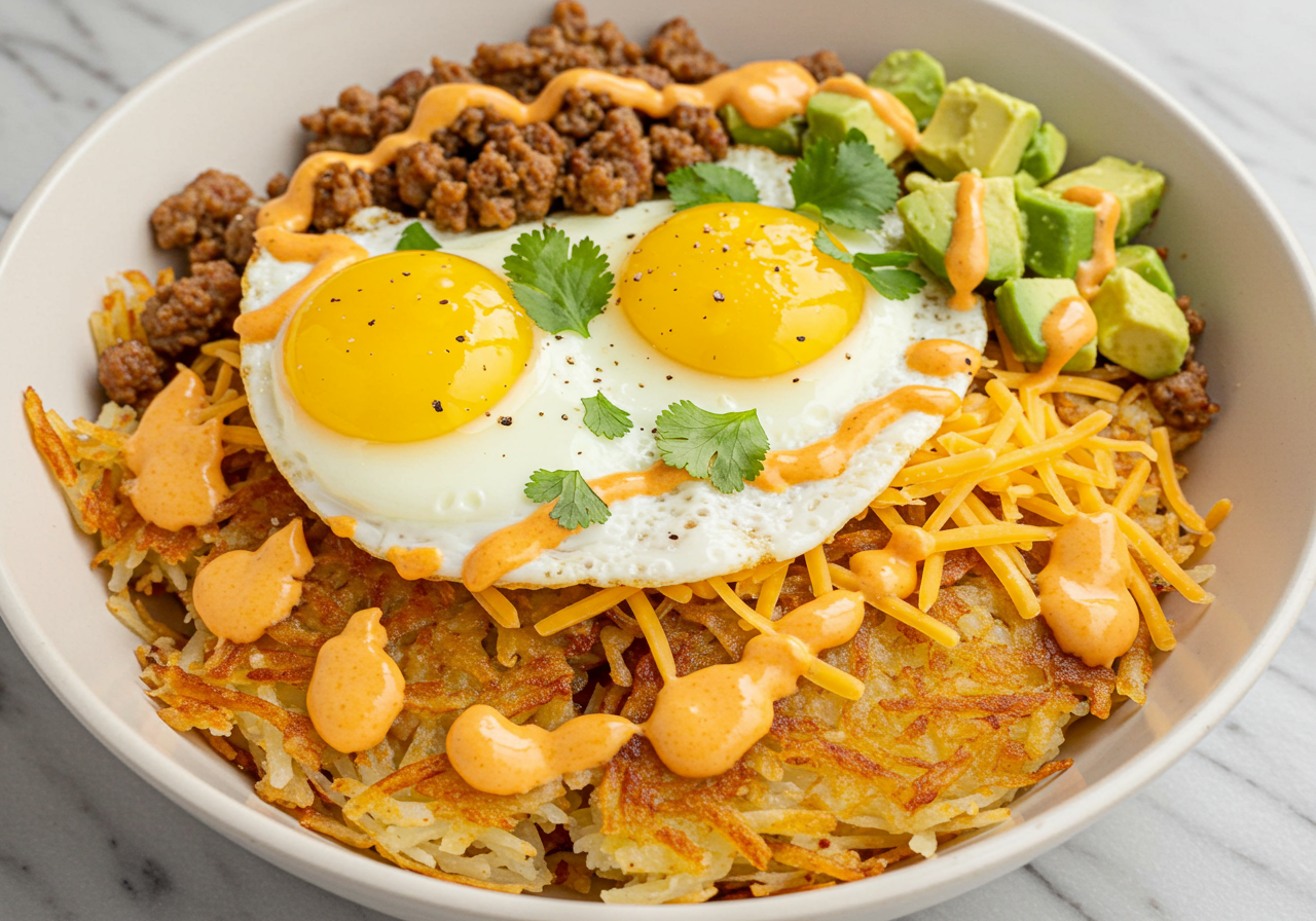 Loaded Crispy Hashbrown Breakfast Bowl with Chipotle Aioli