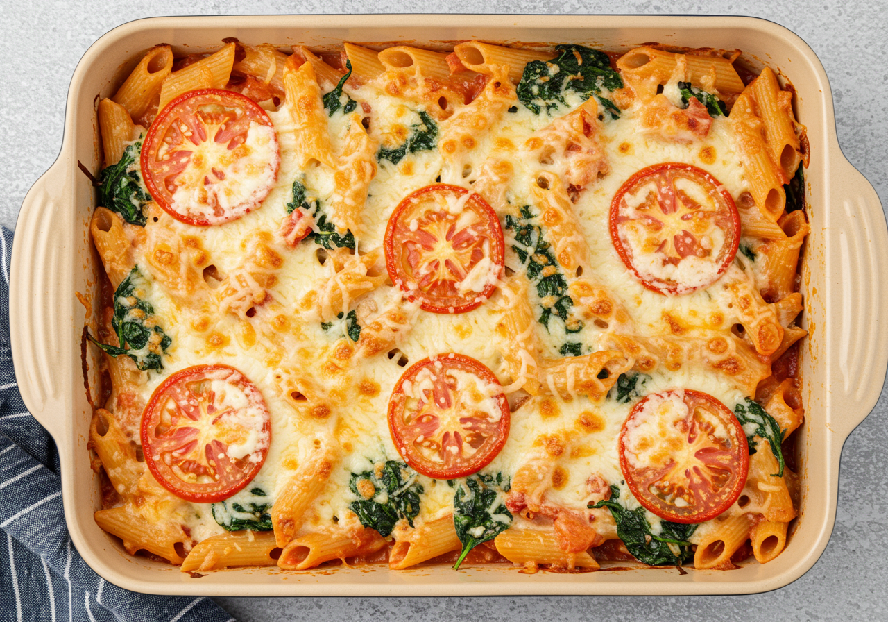 Creamy Tomato and Spinach Pasta Bake
