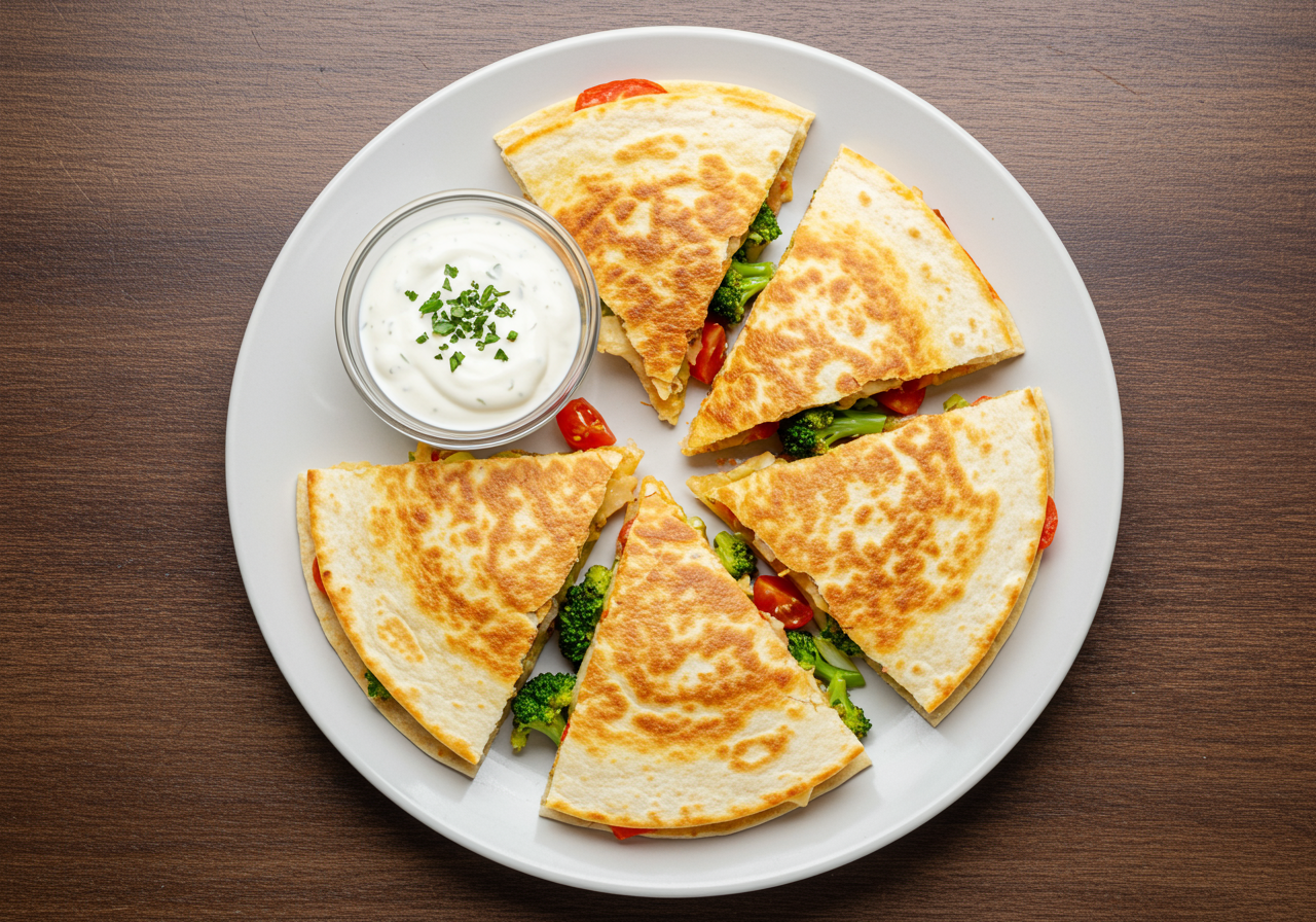Broccoli, Tomato & Apple Quesadillas with Chipotle-Lime Crema