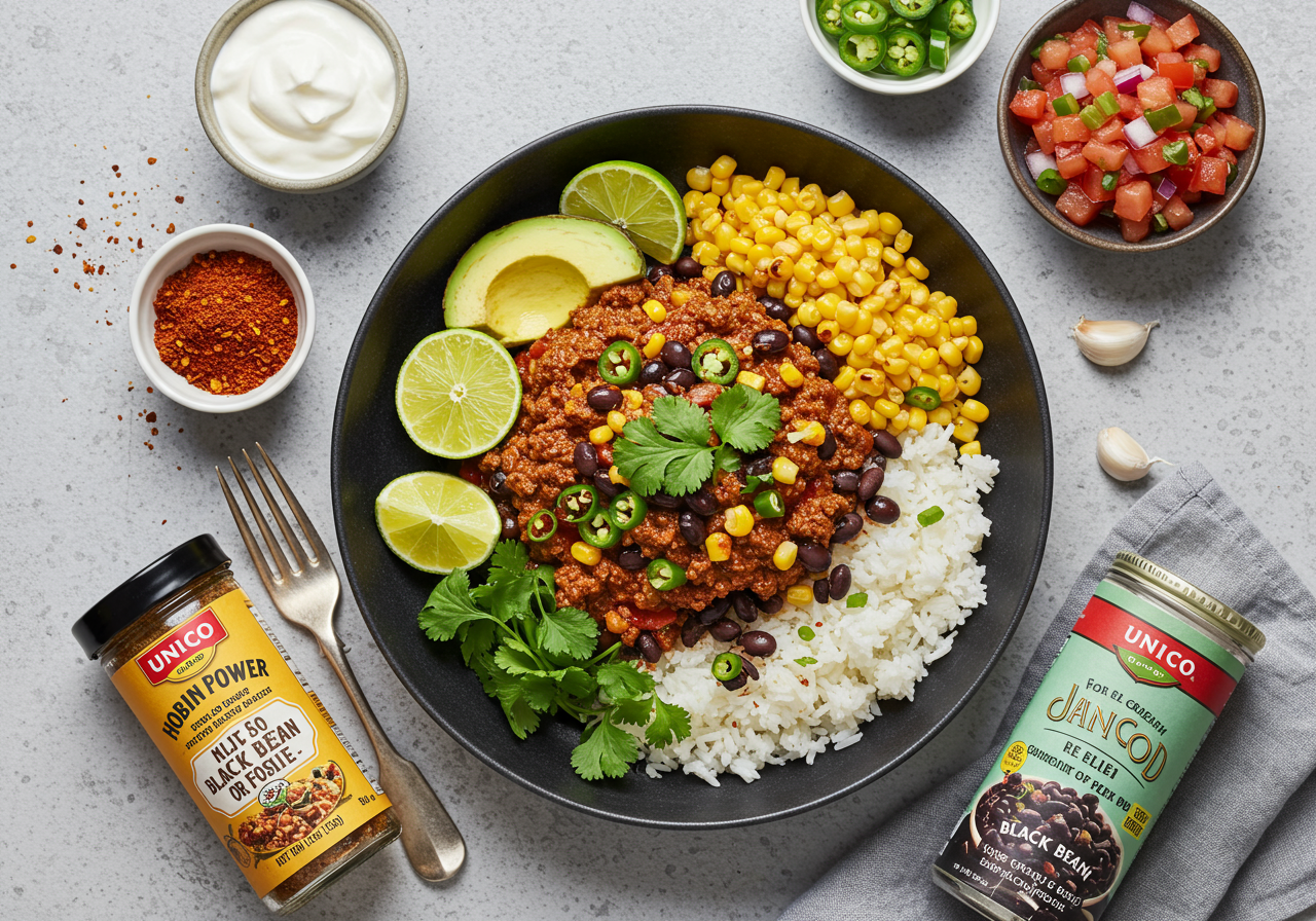 Spiced Ground Beef and Black Bean Burrito Bowl with Cilantro-Lime Rice and Roasted Corn Salsa