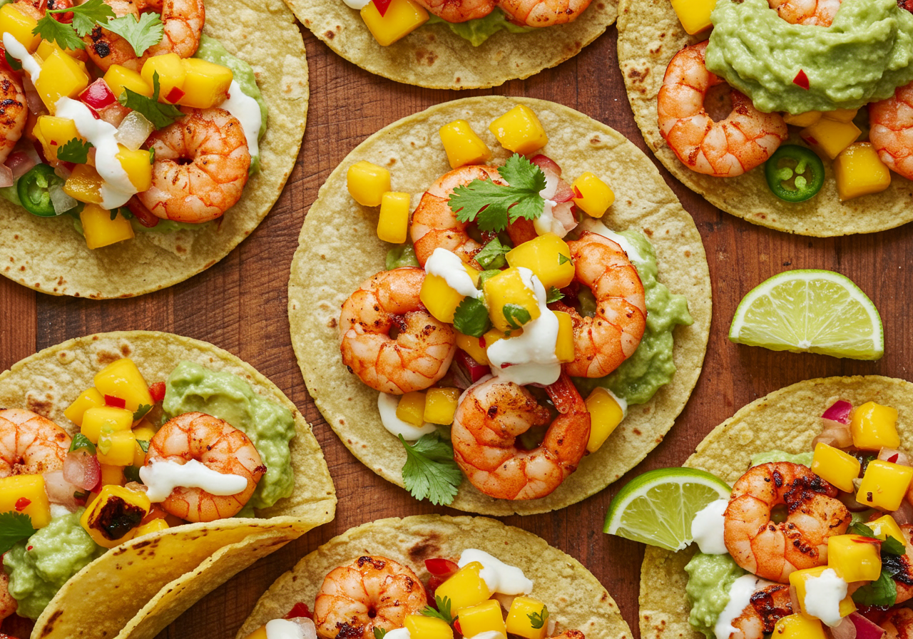 Spicy Shrimp Tacos with Charred Mango Salsa & Cilantro-Lime Crema