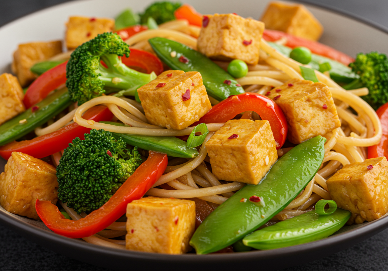 Chinese Tofu Stir-Fry with Rice Noodles