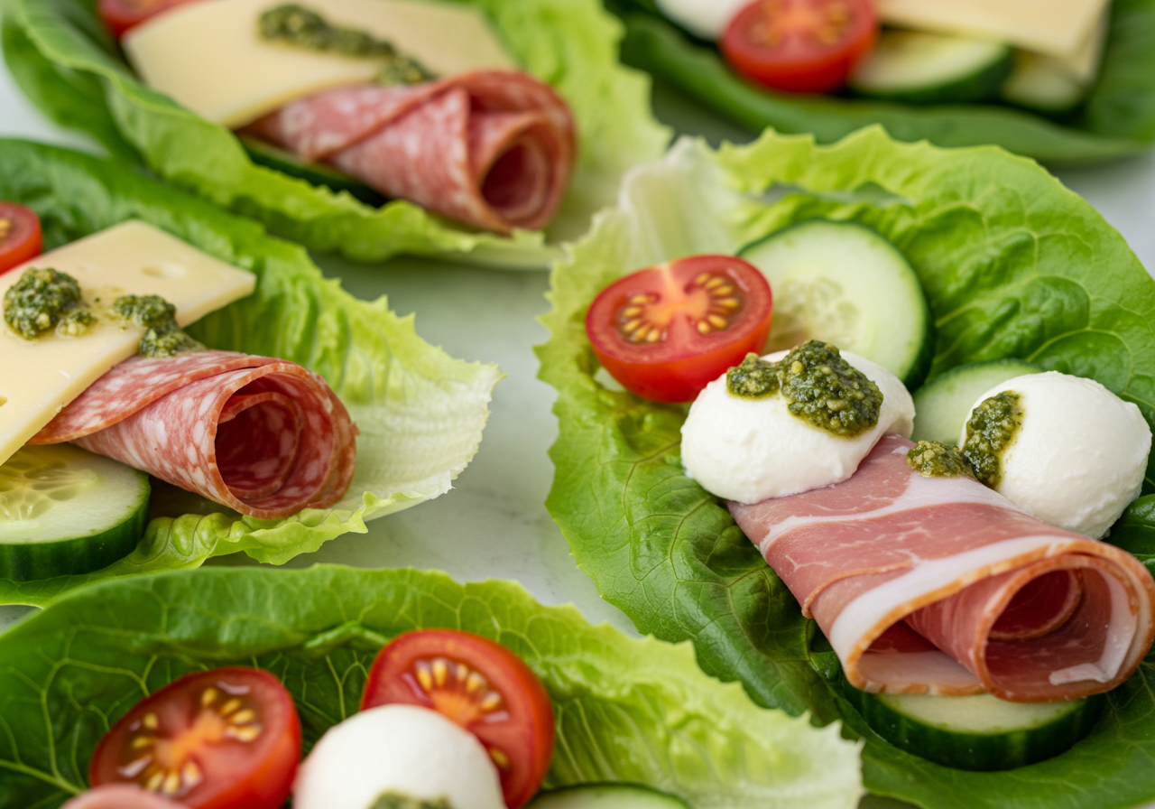 Italian Deli Meat and Cheese Lettuce Wraps with Pesto