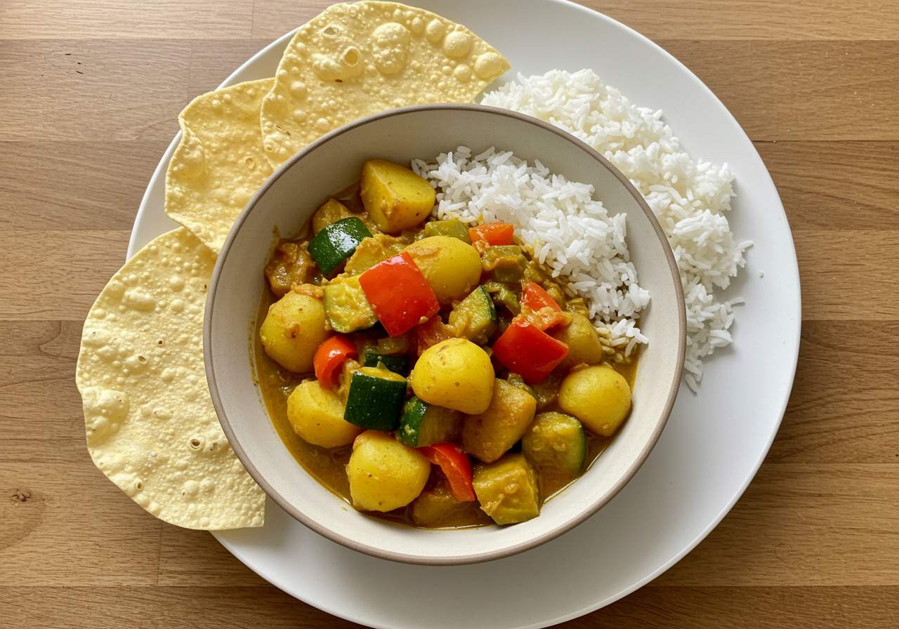 Vegetable Curry with Rice and Papadums