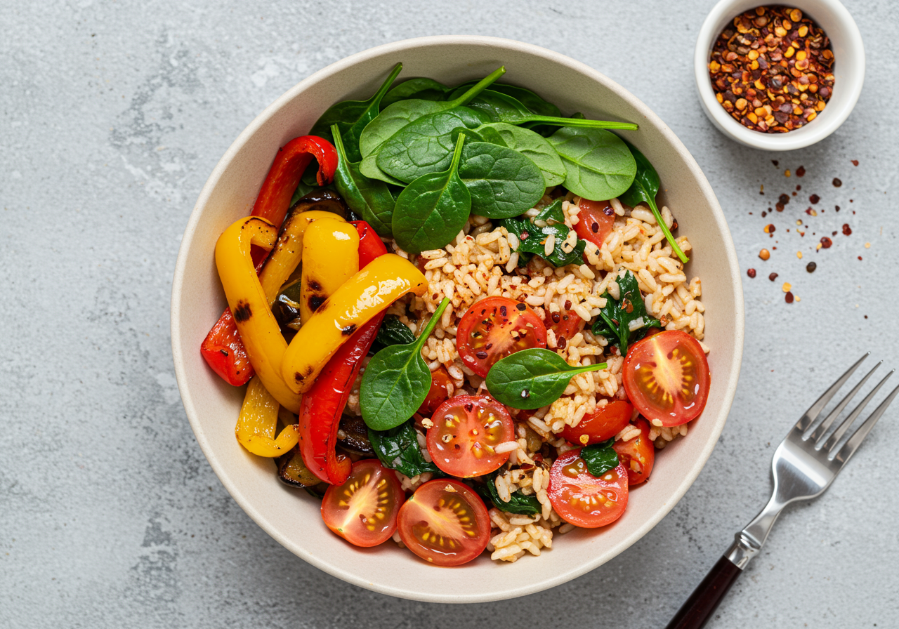 Tomato and Spinach Rice Bowls with Grilled Peppers