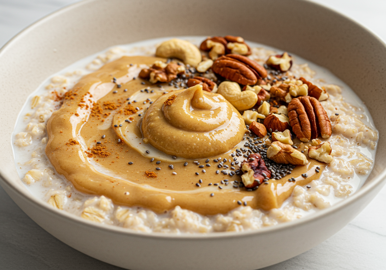 Oatmeal with Peanut Cashew Butter and Mixed Nuts