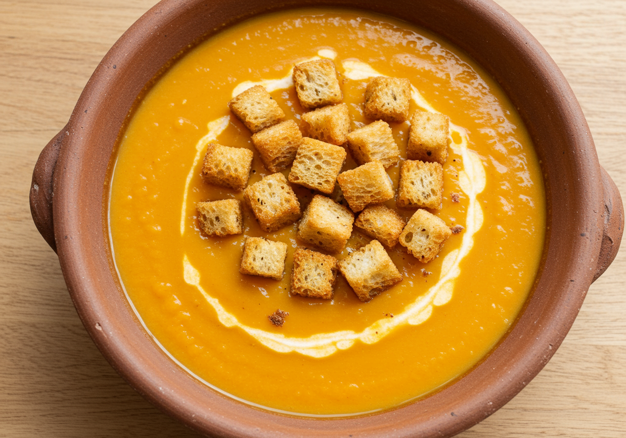 French Carrot & Potato Potage with Crispy Croutons