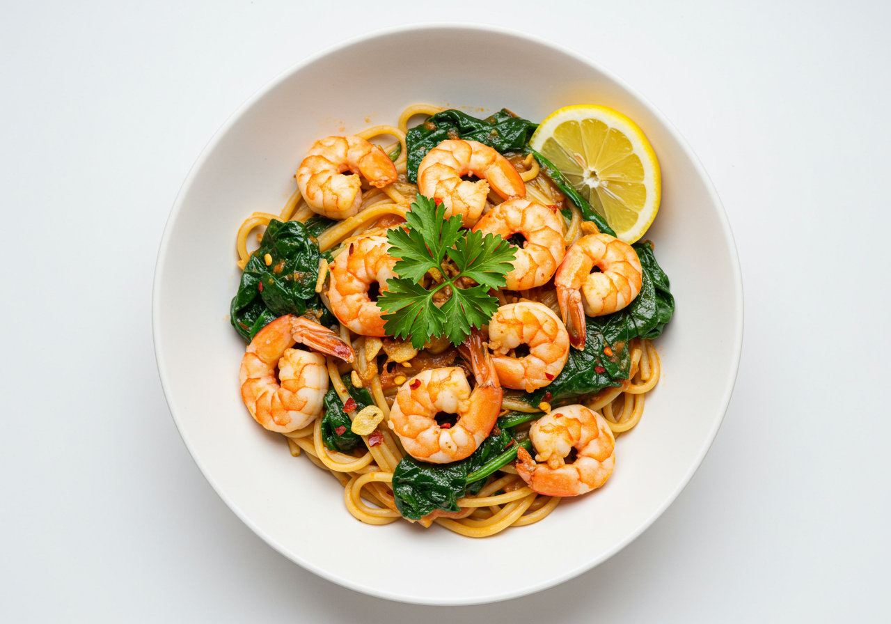Spinach and Tomato Pasta with Garlic Shrimp