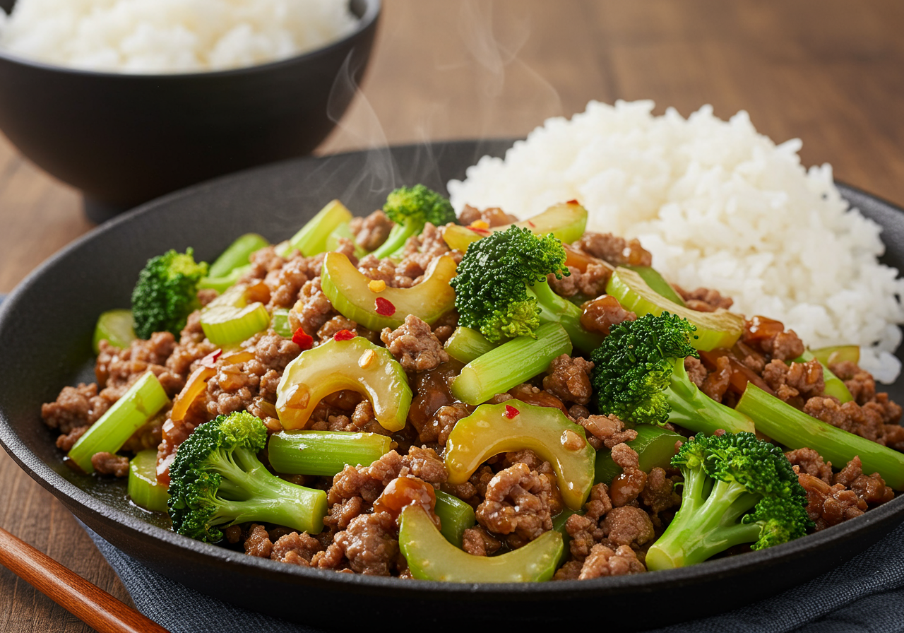 Gourmet Beef and Celery Stir-fry with Toasted Sesame Rice