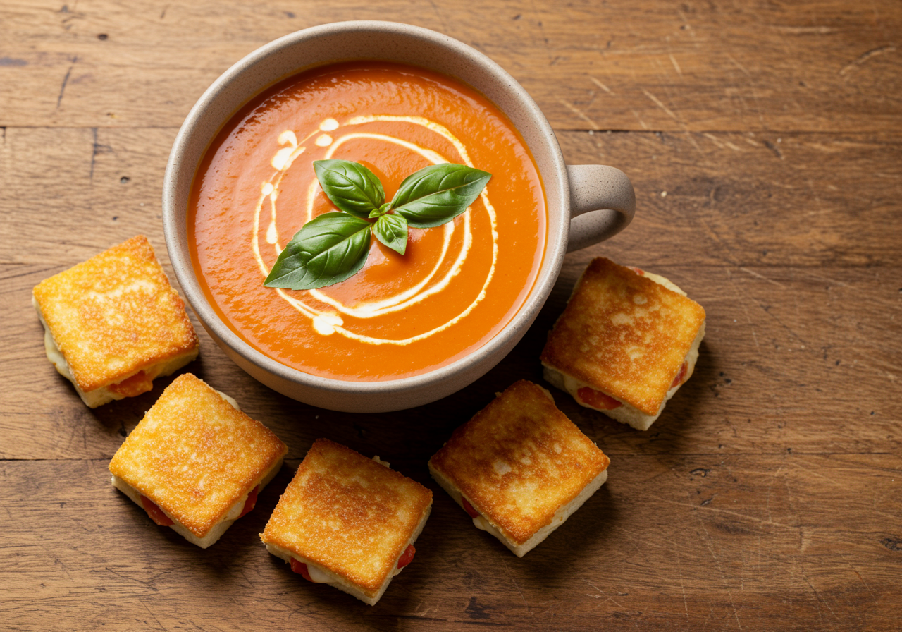 Creamy Tomato Soup with Gourmet Grilled Cheese Bites