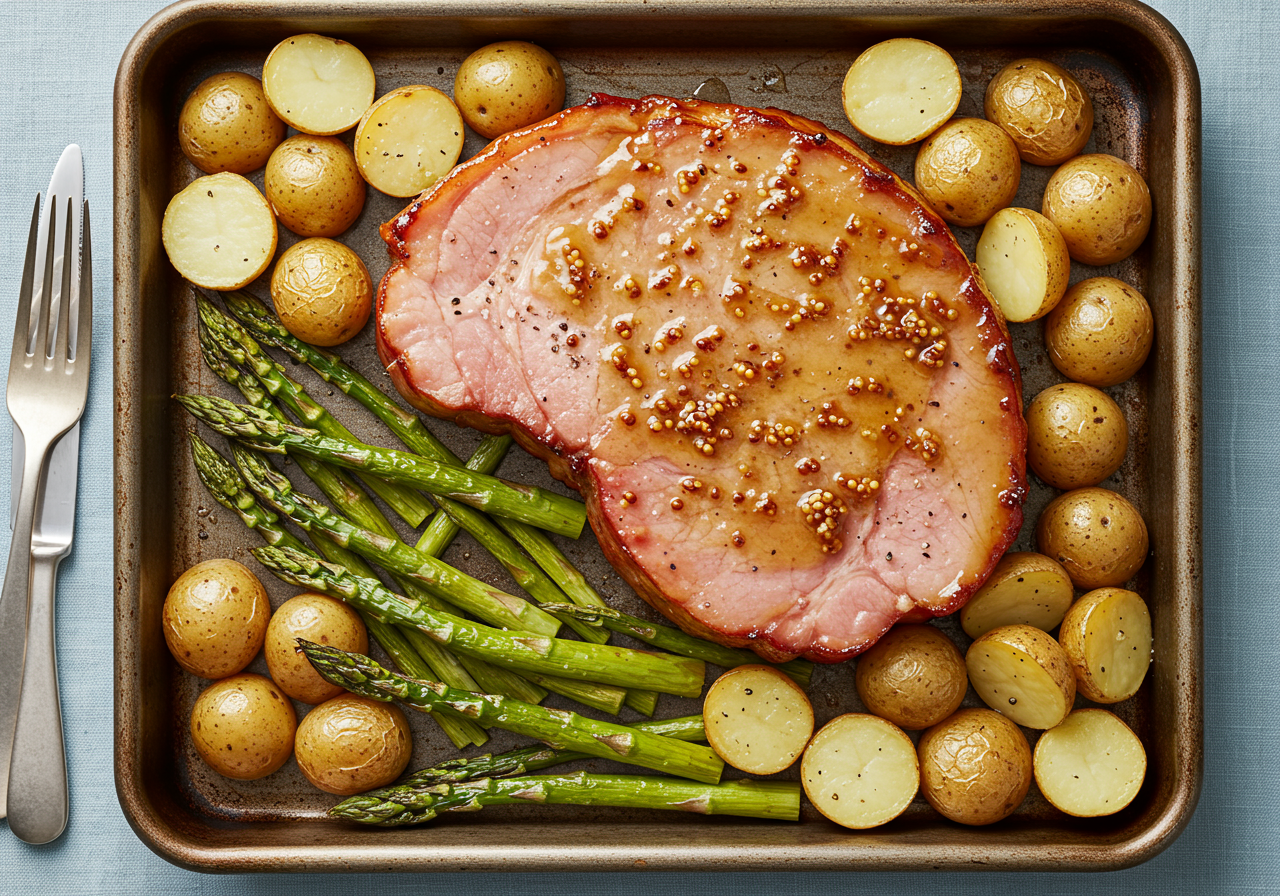 Glazed Ham Steak with Roasted Asparagus and Potatoes