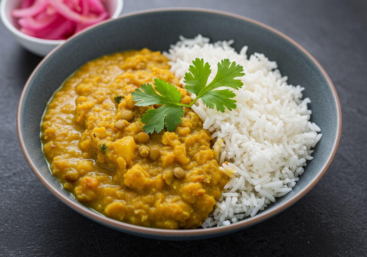 Tadka Dal Rice Bowl with Pickled Onions