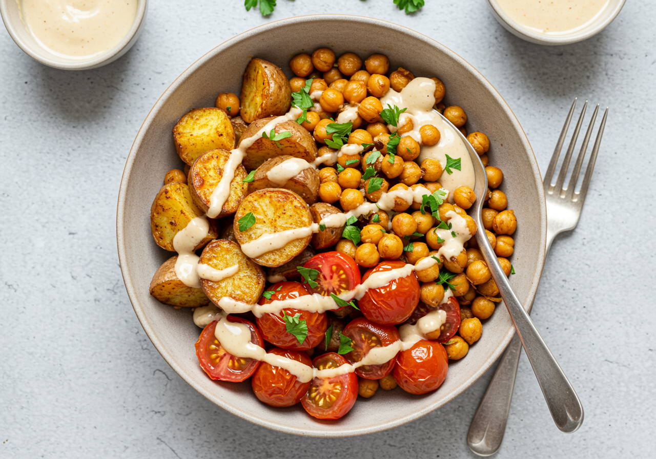 Tomato Chickpea and Roasted Potato Bowl with Tahini Dressing