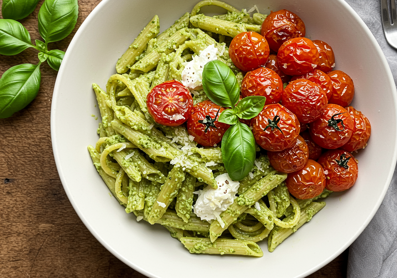 Vegan Pesto Pasta with Roasted Tomatoes
