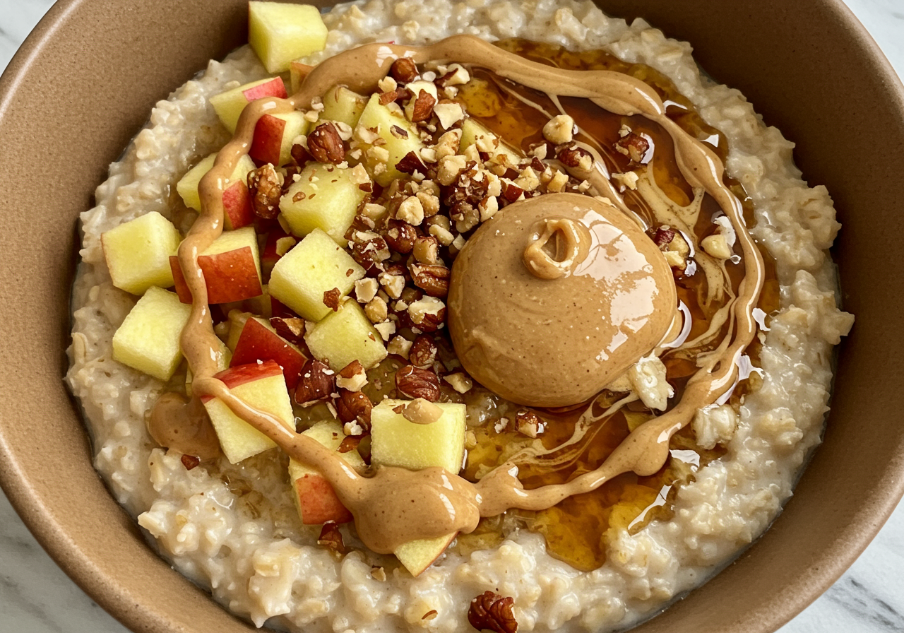 Elevated Peanut Butter & Apple Cinnamon Oatmeal with Toasted Pecans