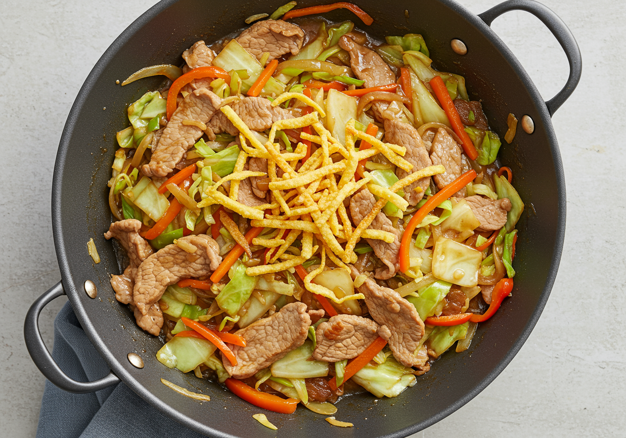 Pork and Cabbage Stir-Fry with Crispy Noodles