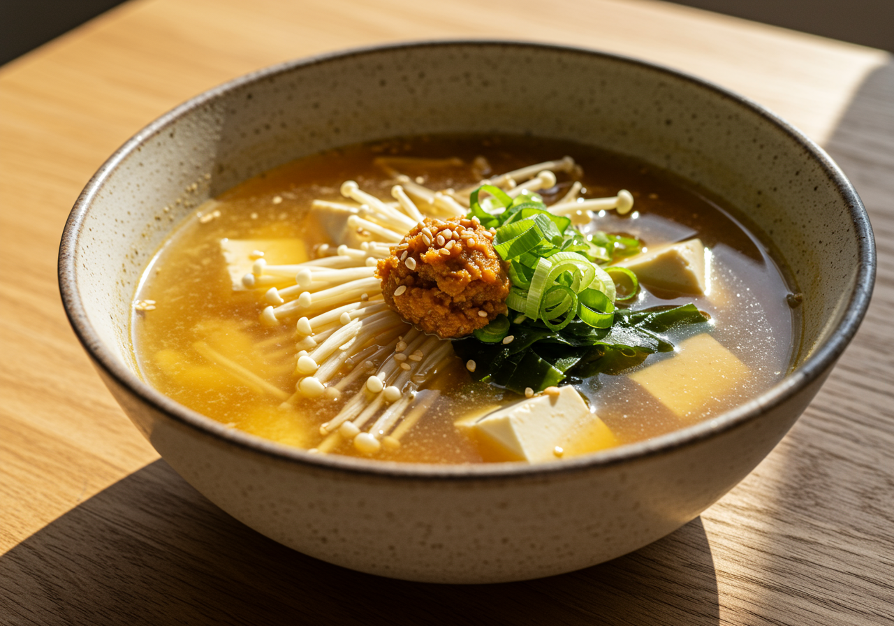 Umami-Rich Miso Soup with Silken Tofu and Enoki Mushrooms
