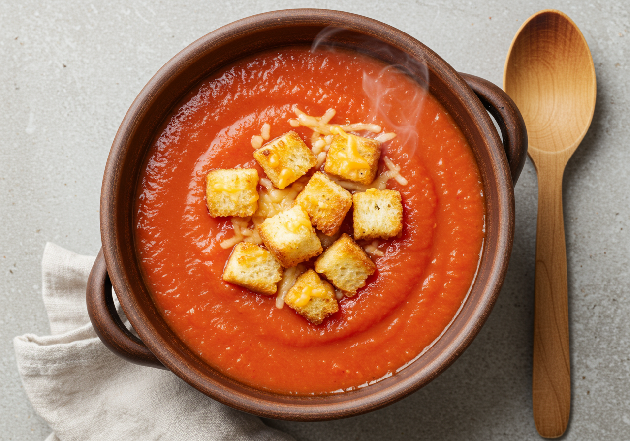 Canadian Tomato Soup with Grilled Cheese Croutons