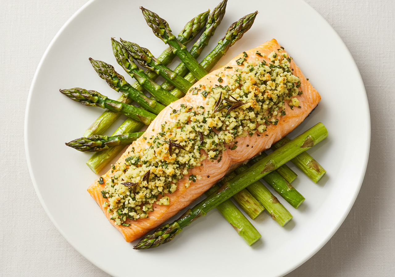Baked Salmon with Roasted Asparagus and Lemon-Herb Crust