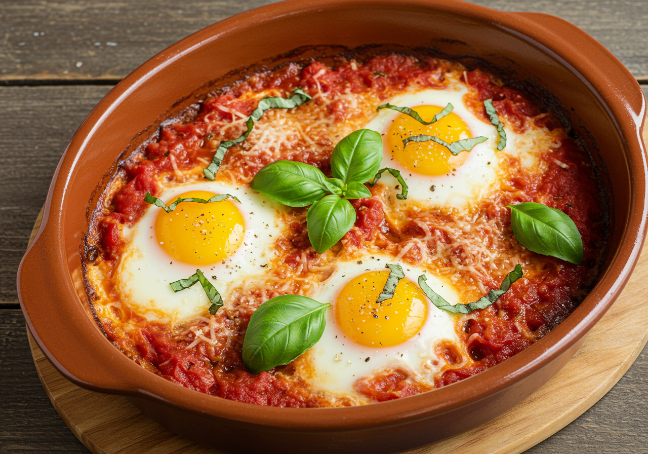 Italian Baked Eggs with Tomatoes and Basil